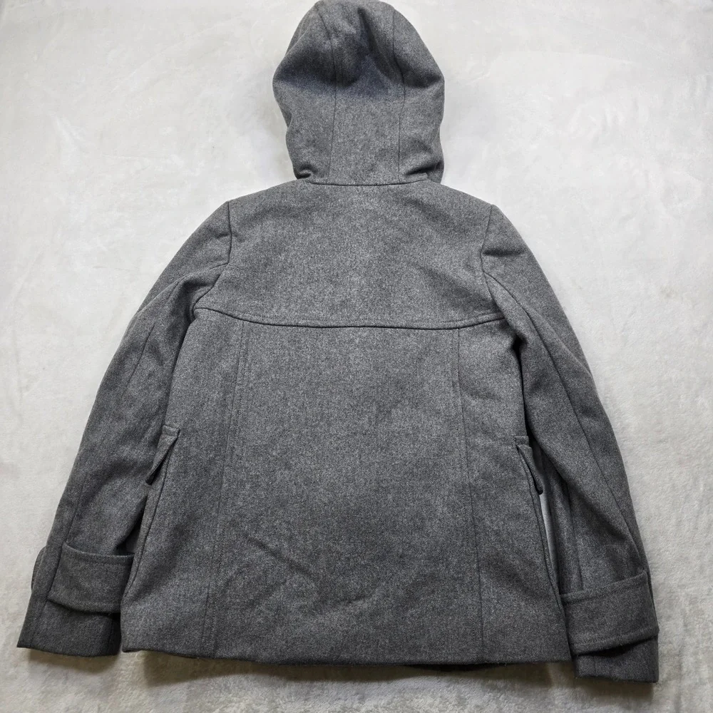 J Crew Duffle Coat Womens XS 0‎ Grey Melton Wool Italy Hood Toggle Peacoat